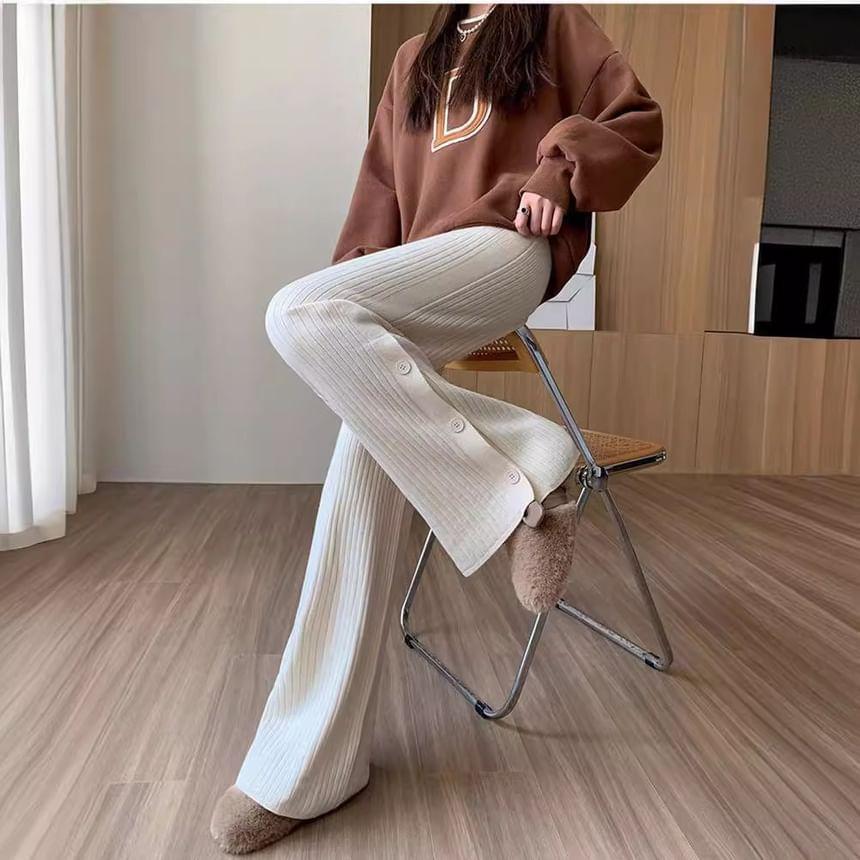 High Rise Button Hem Ribbed Wide Leg Knit Pants Product Image