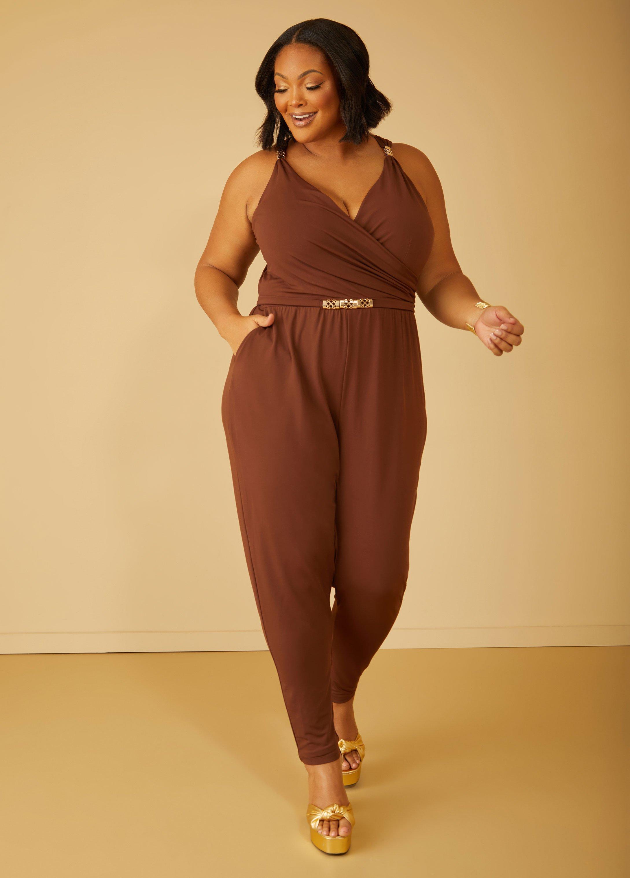 Plus Size Embellished Faux Wrap Jumpsuit, - Ashley Stewart Product Image