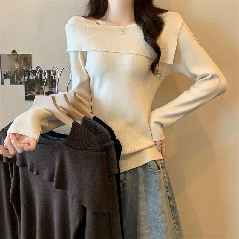 Long-Sleeve Asymmetrical Neck Plain Slim Fit Knit Top Product Image