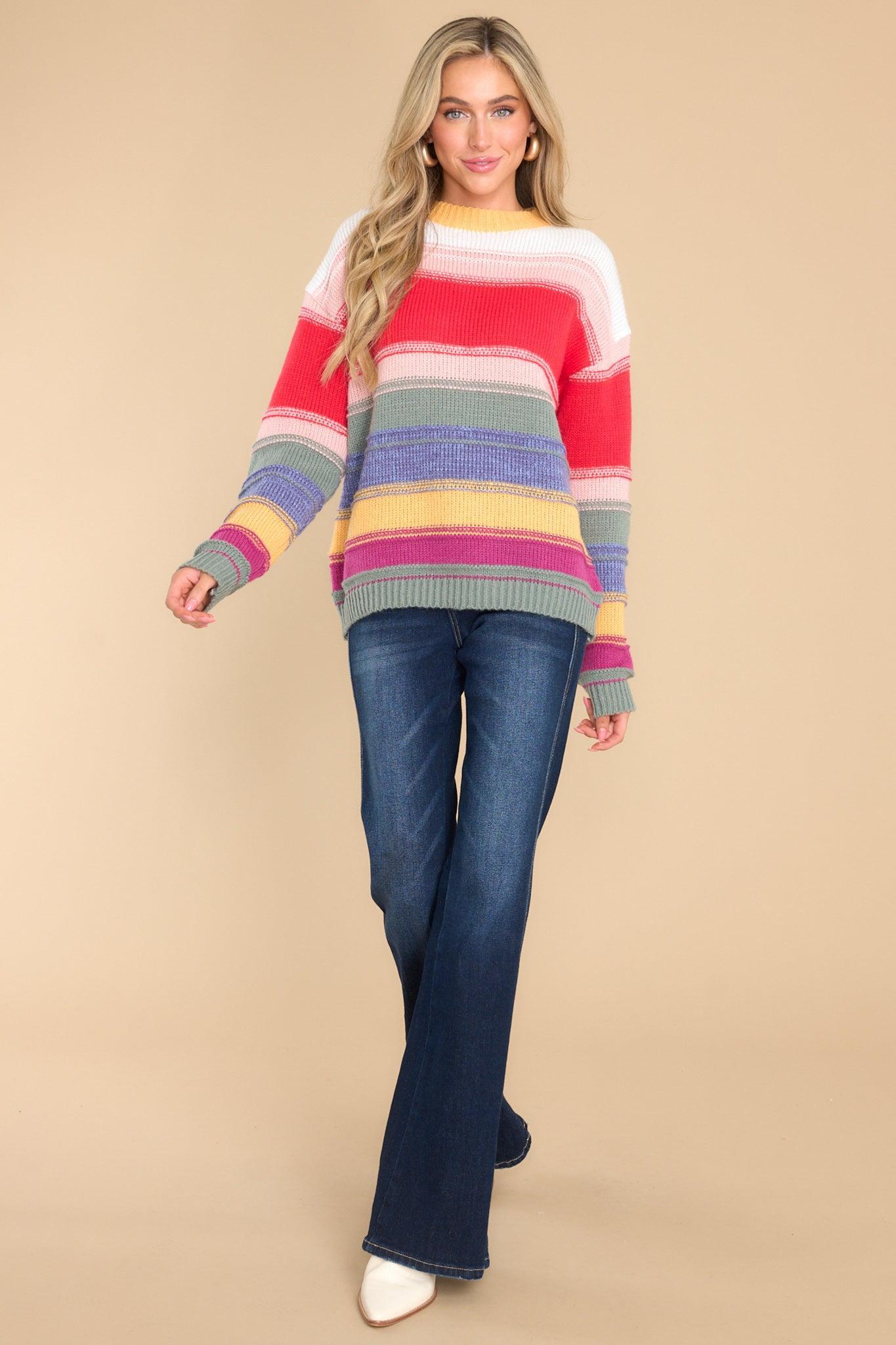 End Of The Rainbow Red Multi Stripe Sweater Product Image