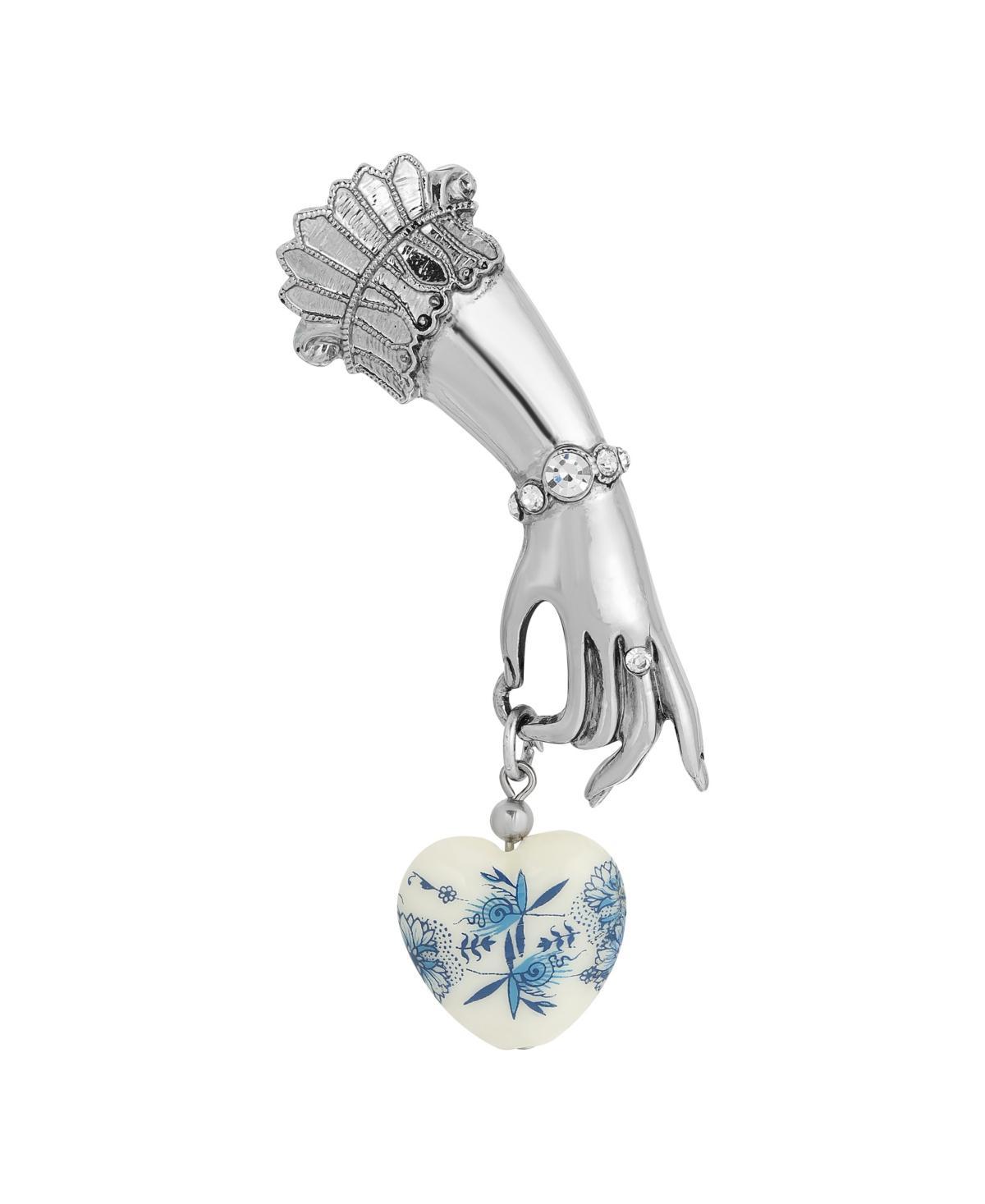 1928 Silver Tone Ladys Hand Pin with Crystal Accents & Blue & White Heart Charm, Womens Product Image