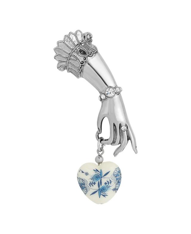 1928 Silver Tone Ladys Hand Pin with Crystal Accents & Blue & White Heart Charm, Womens Product Image