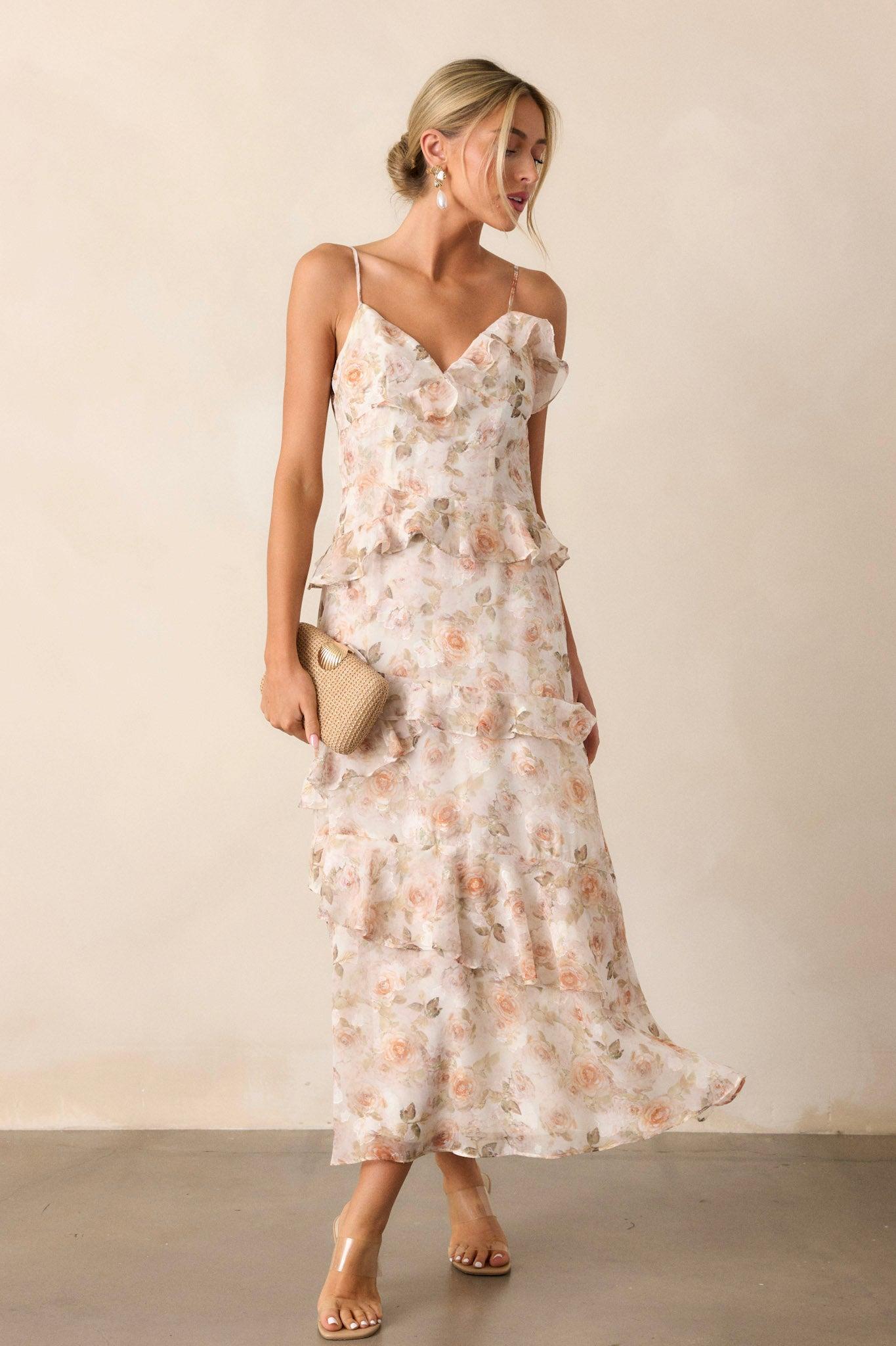 Searching For Love Ivory Floral Ruffle Midi Dress product image