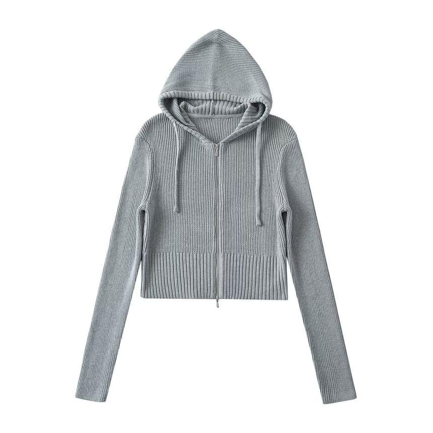 Plain Zip-Up Crop Knit Hoodie Product Image