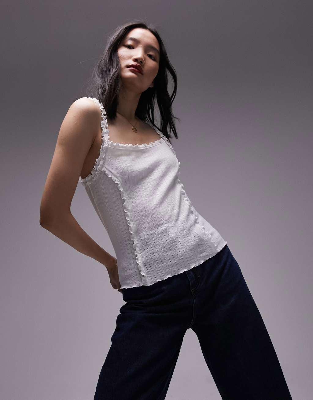 Topshop pointelle frill square neck tank top in white product image