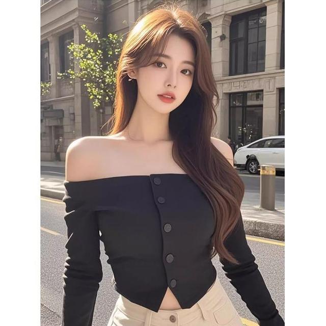 Long-Sleeve Off-Shoulder Plain Button-Up Front-Slit Crop Top Product Image