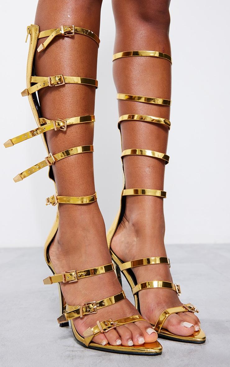 Gold Pointed Multi Buckle Strap Knee High Heeled Sandals Product Image