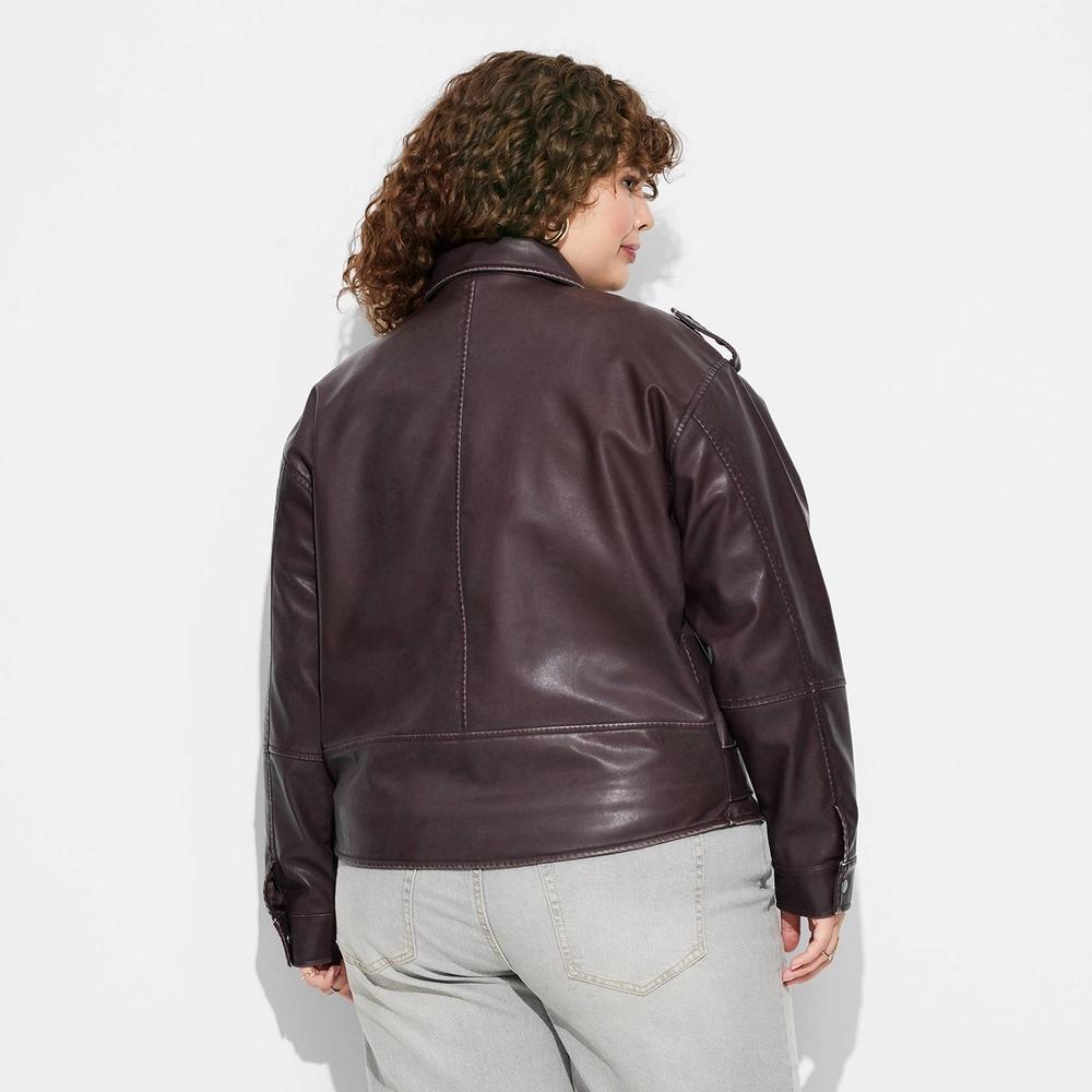 Womens Faux Leather Oversized Moto Jacket - Wild Fable Brown 4X Product Image