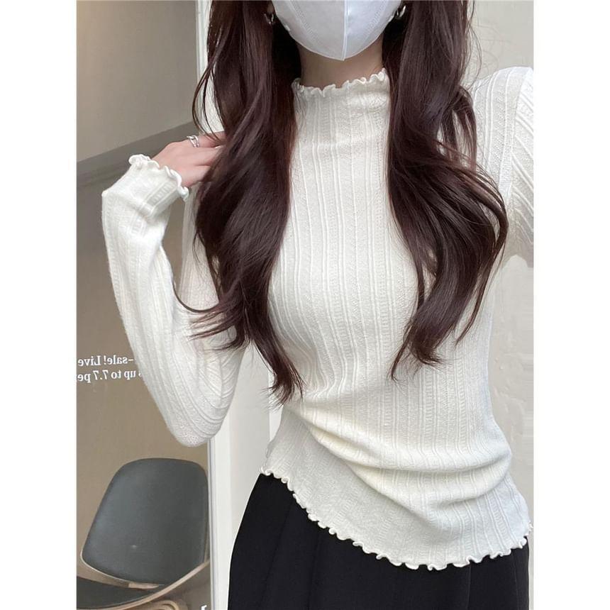 Turtleneck Ruffle Trim Ribbed Knit Top Product Image