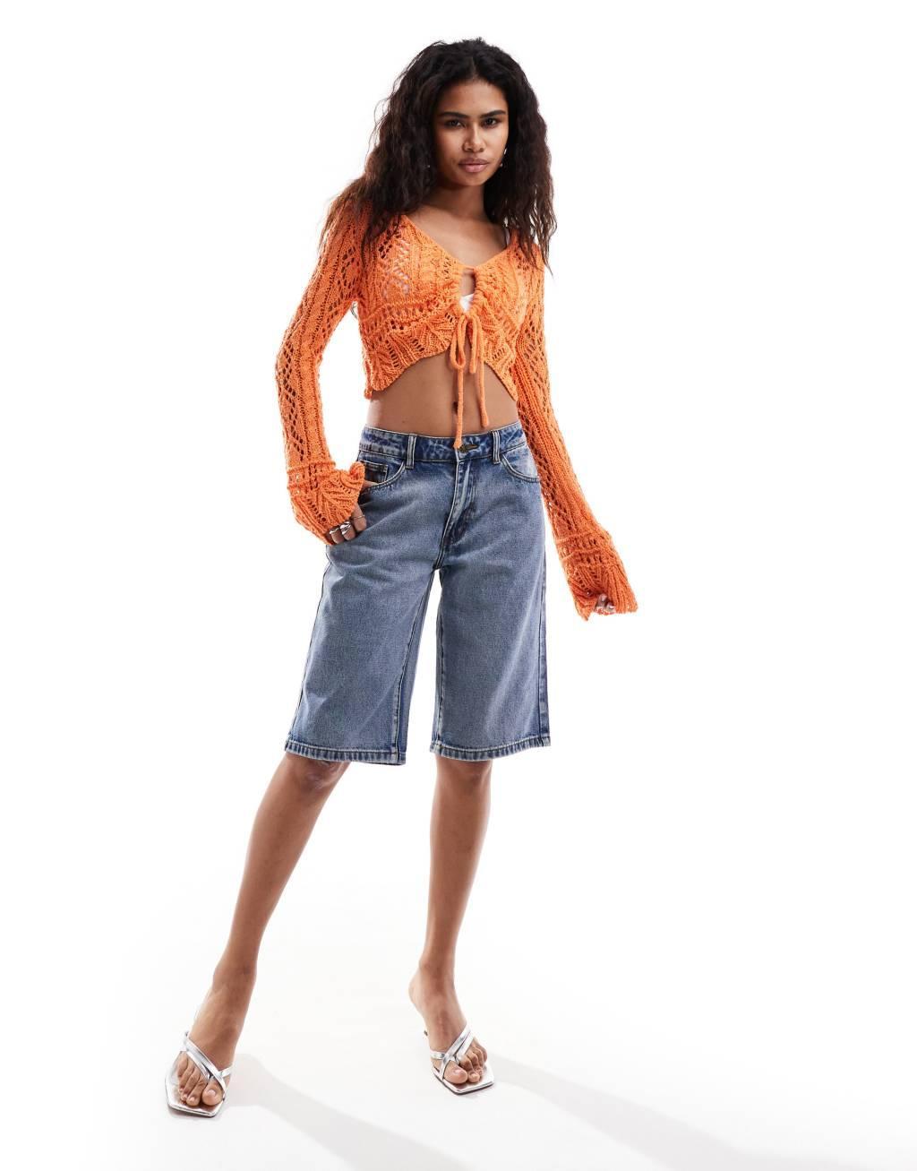 Emory Park crochet key hole cardigan in orange  Product Image