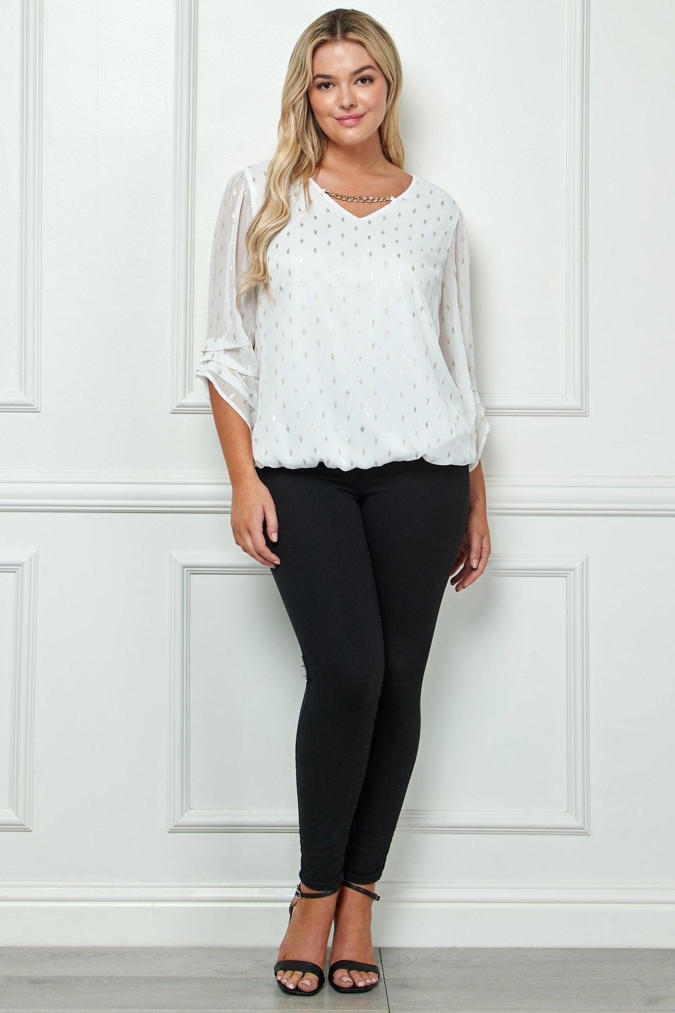 Sara Michelle Ivory & Gold 3/4 Step Sleeve V-Neck Chain Trim Bubble Blouse - Plus Product Image