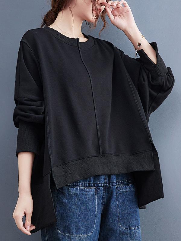 Simple Long Sleeves Loose Solid Color Round-Neck Hoodies&Sweatshirt Tops Product Image