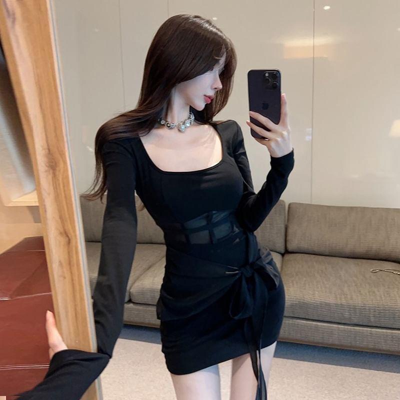 Long Sleeve Scoop Neck Plain Tie Waist Panel Mesh Mini Sheath Dress Product Image