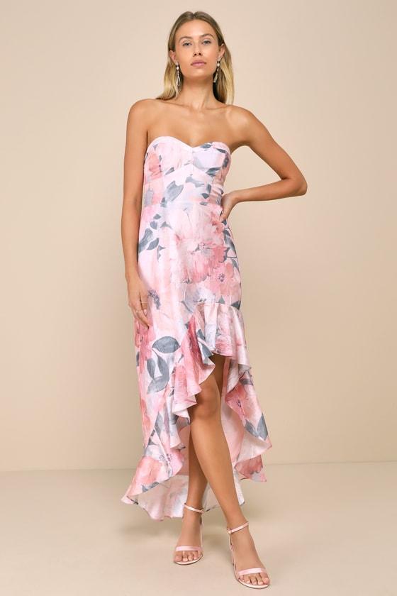 Blushing Darling Light Pink Floral Strapless High-Low Maxi Dress Product Image