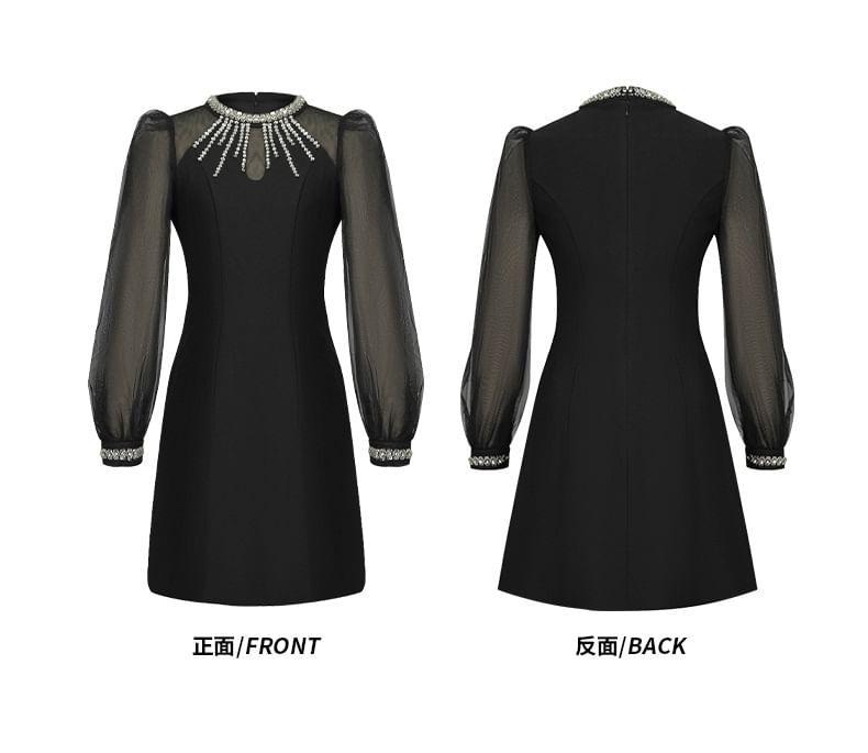 Long-Sleeve Round Neck Rhinestone Mini A-Line Dress Product Image