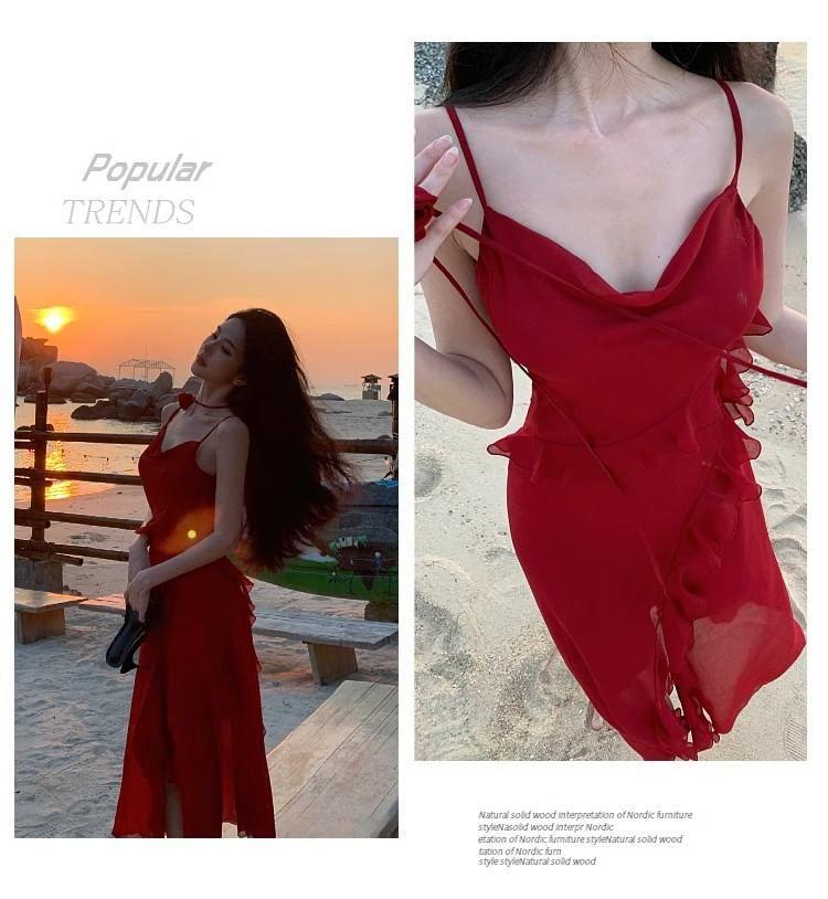 Spaghetti Strap Frill Trim Asymmetrical Plain A-Line Dress Product Image