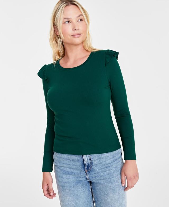 On 34th Womens Ruffle-Trim Ribbed Long-Sleeve Top, Created for Macys Product Image