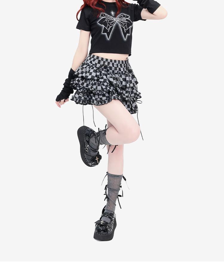 Set: Short-Sleeve Round Neck Bow Print Raglan Crop T-Shirt + Long Gloves Product Image