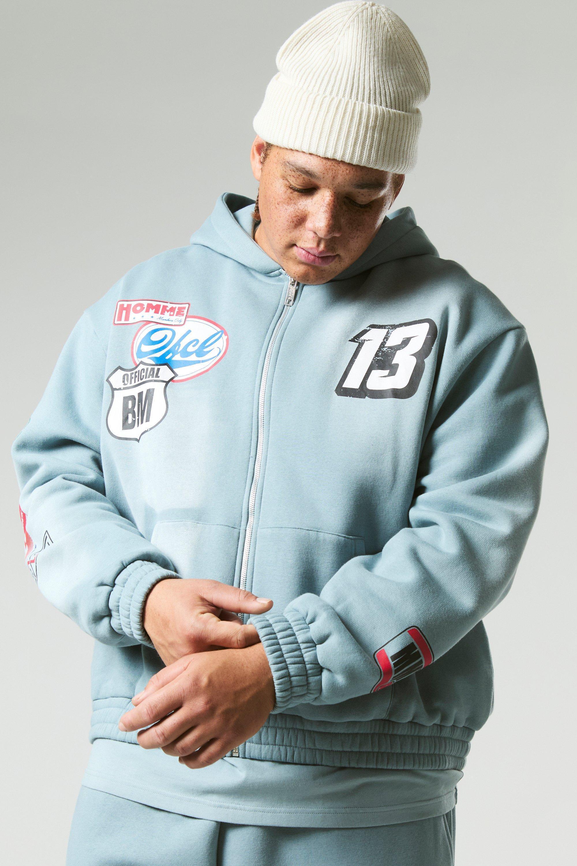 Plus Oversized Boxy Zip Up Varsity Applique Hoodie | boohooMAN USA Product Image