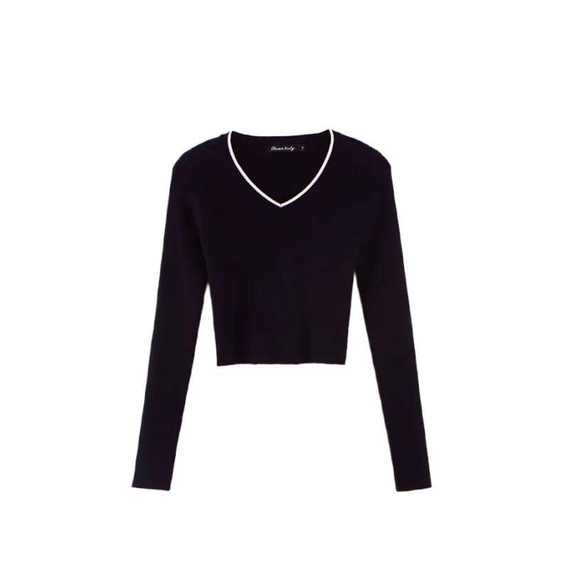 V-Neck Contrast Trim Crop Sweater Product Image