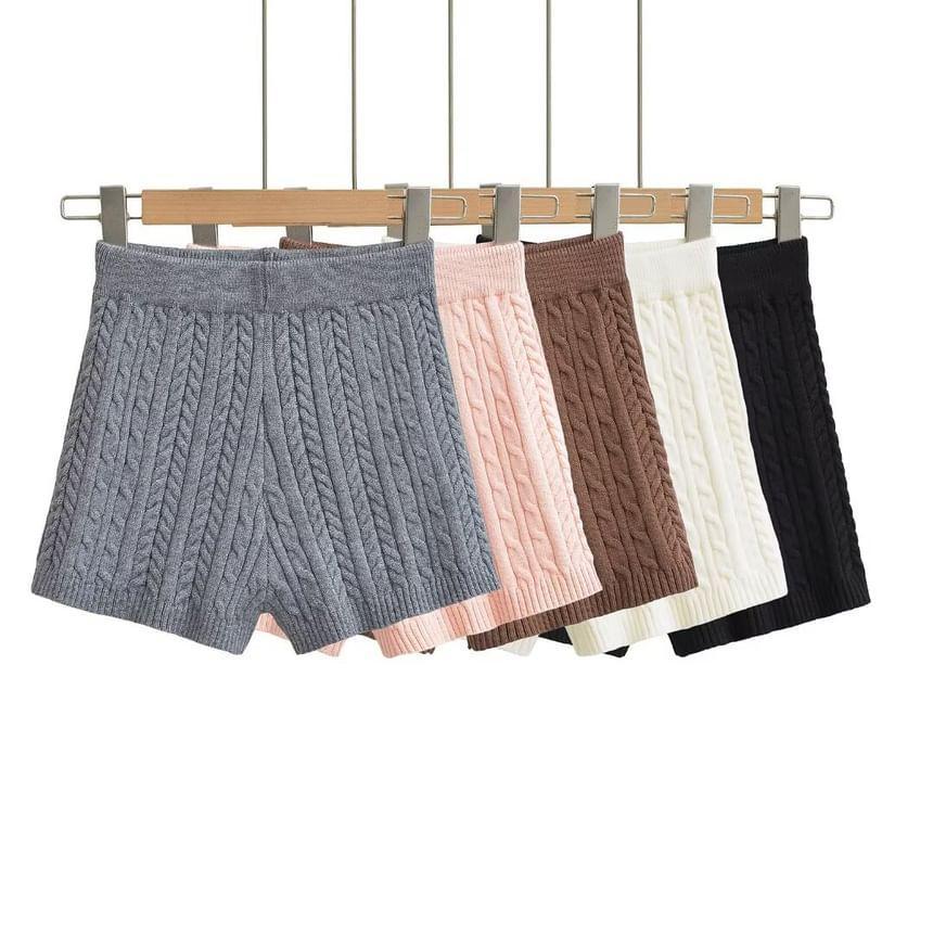 High Waist Plain Cable Knit Shorts Product Image