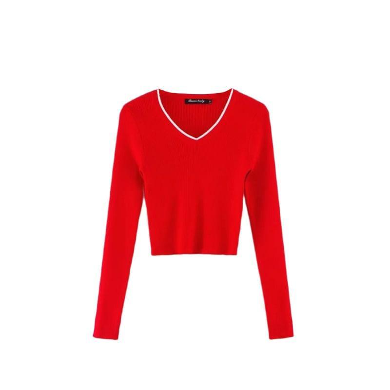 V-Neck Contrast Trim Crop Sweater Product Image