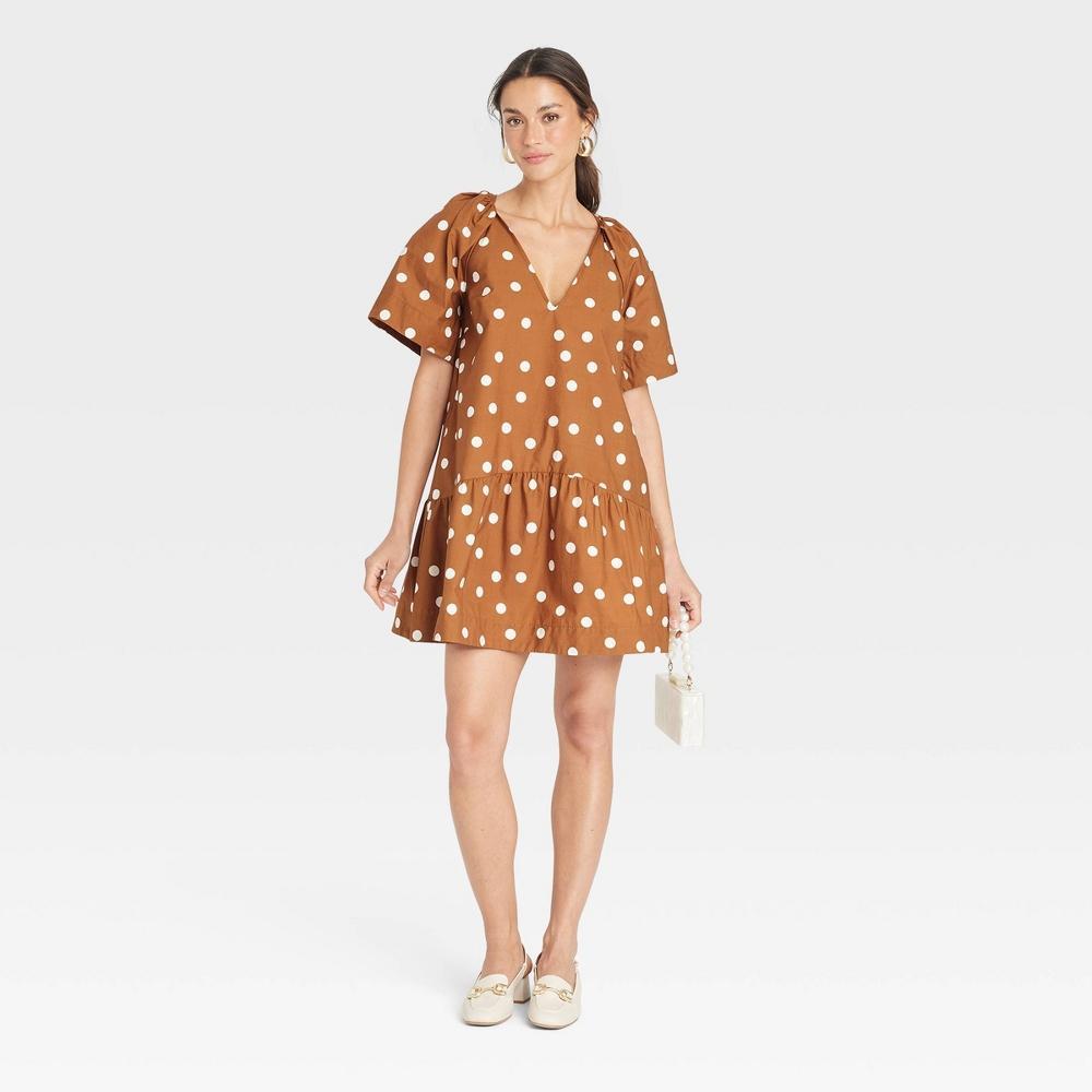 Women's Flutter Short Sleeve Mini Poplin Dress - A New Day™ Brown Polka Dots L Product Image