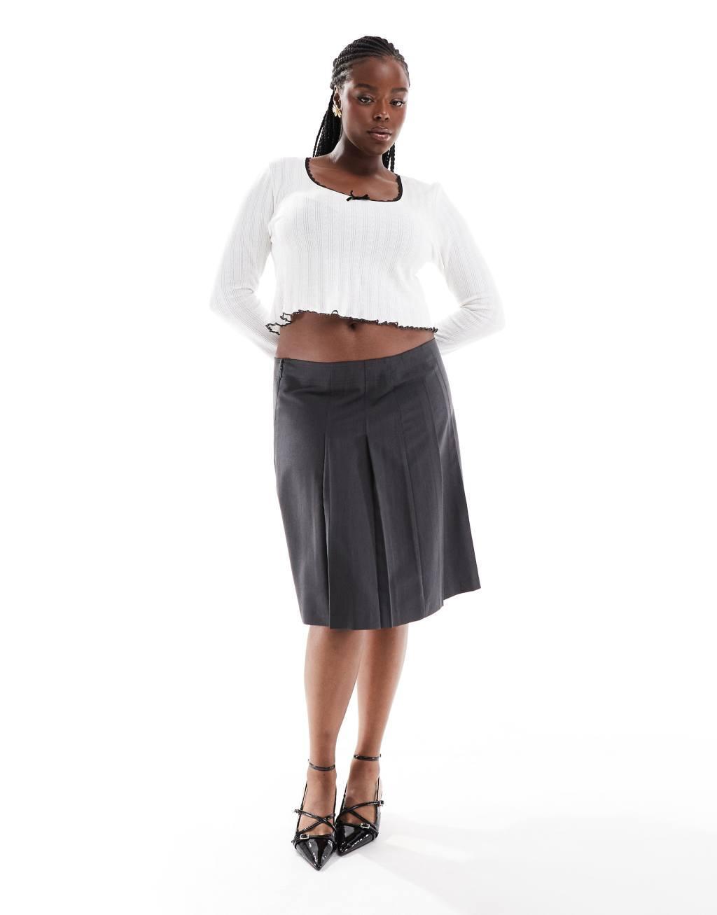 ASOS DESIGN Curve knee length tailored pleated midi skirt in gray Product Image