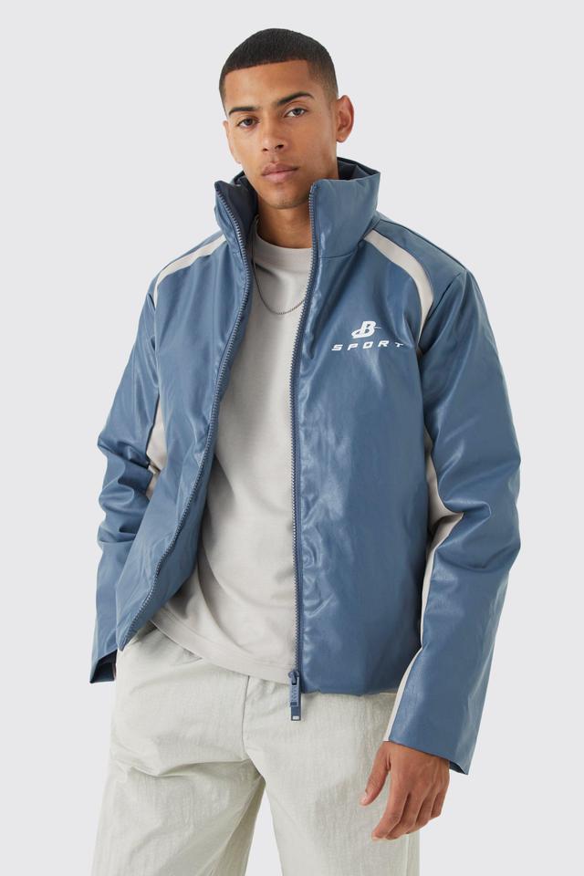 Boxy Pu Moto Pannelled Puffer | boohooMAN USA Product Image