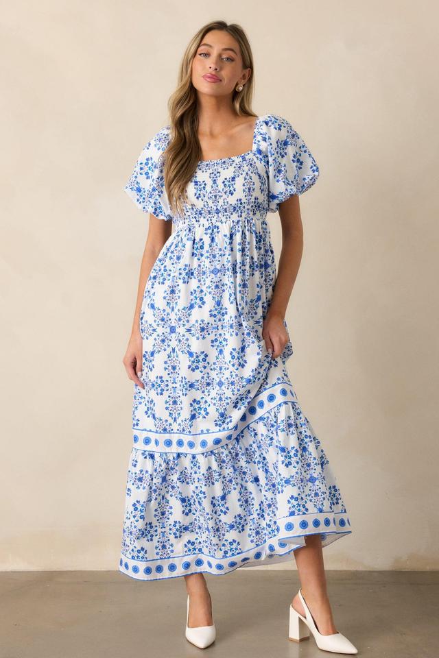 Rosewater Skies 100% Cotton Royal Blue Floral Maxi Dress Product Image