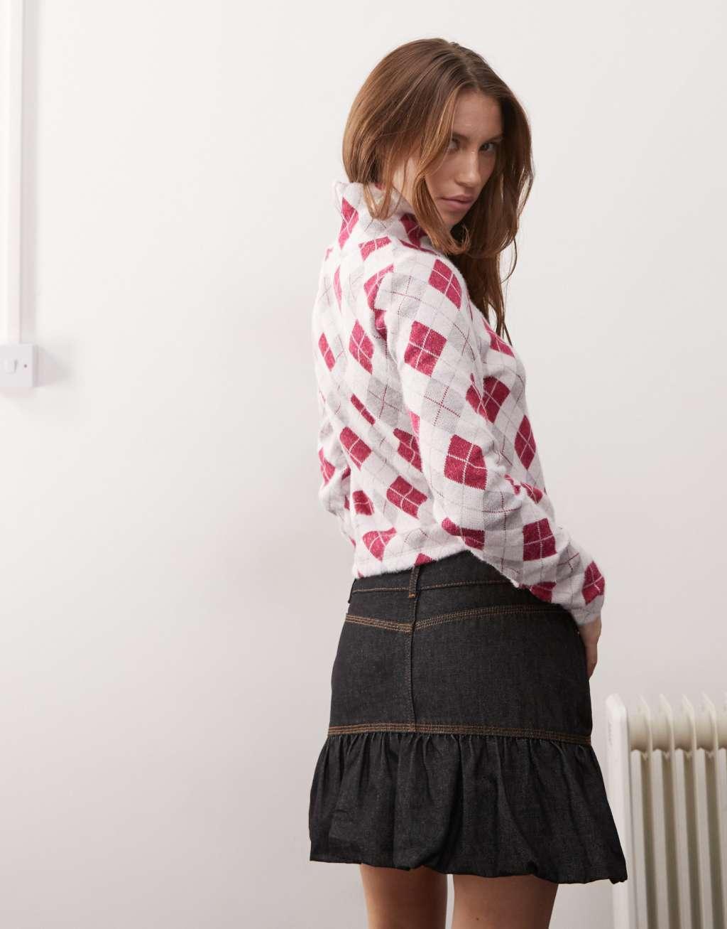 COLLUSION fitted roll neck top in pink retro argyle Product Image