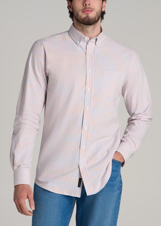 Washed Oxford Shirt for Tall Men in Apricot and Blue Multi Stripe Male Product Image