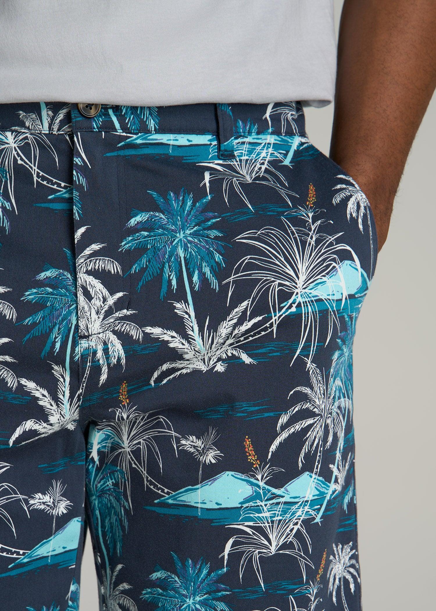 Printed Stretch Cotton Shorts for Tall Men in Blue and White Palms Product Image