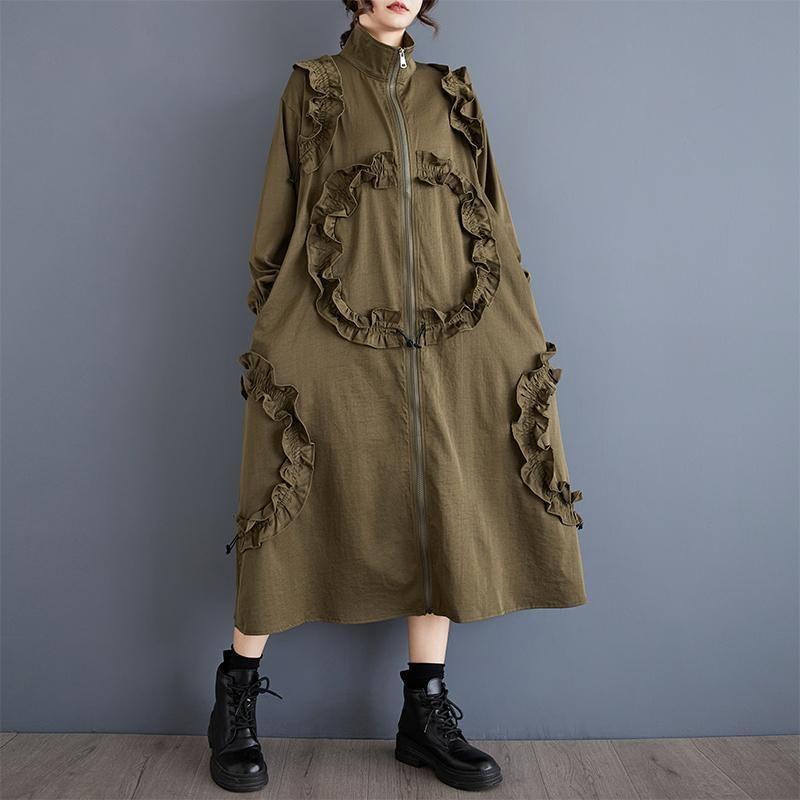 Mock Neck Frill Trim Plain Zip-Up Long Coat Product Image