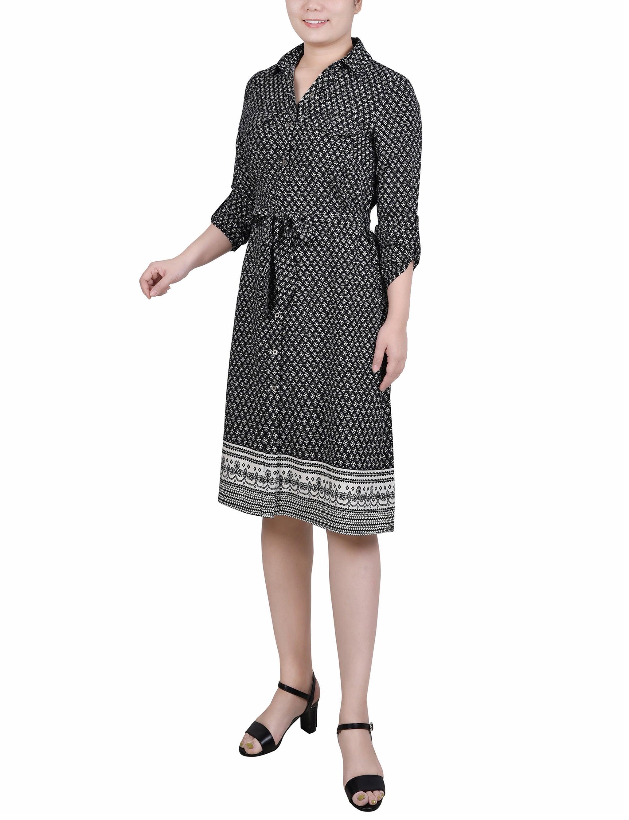 3/4 Roll Tab Sleeve Belted Shirtdress - Petite Product Image