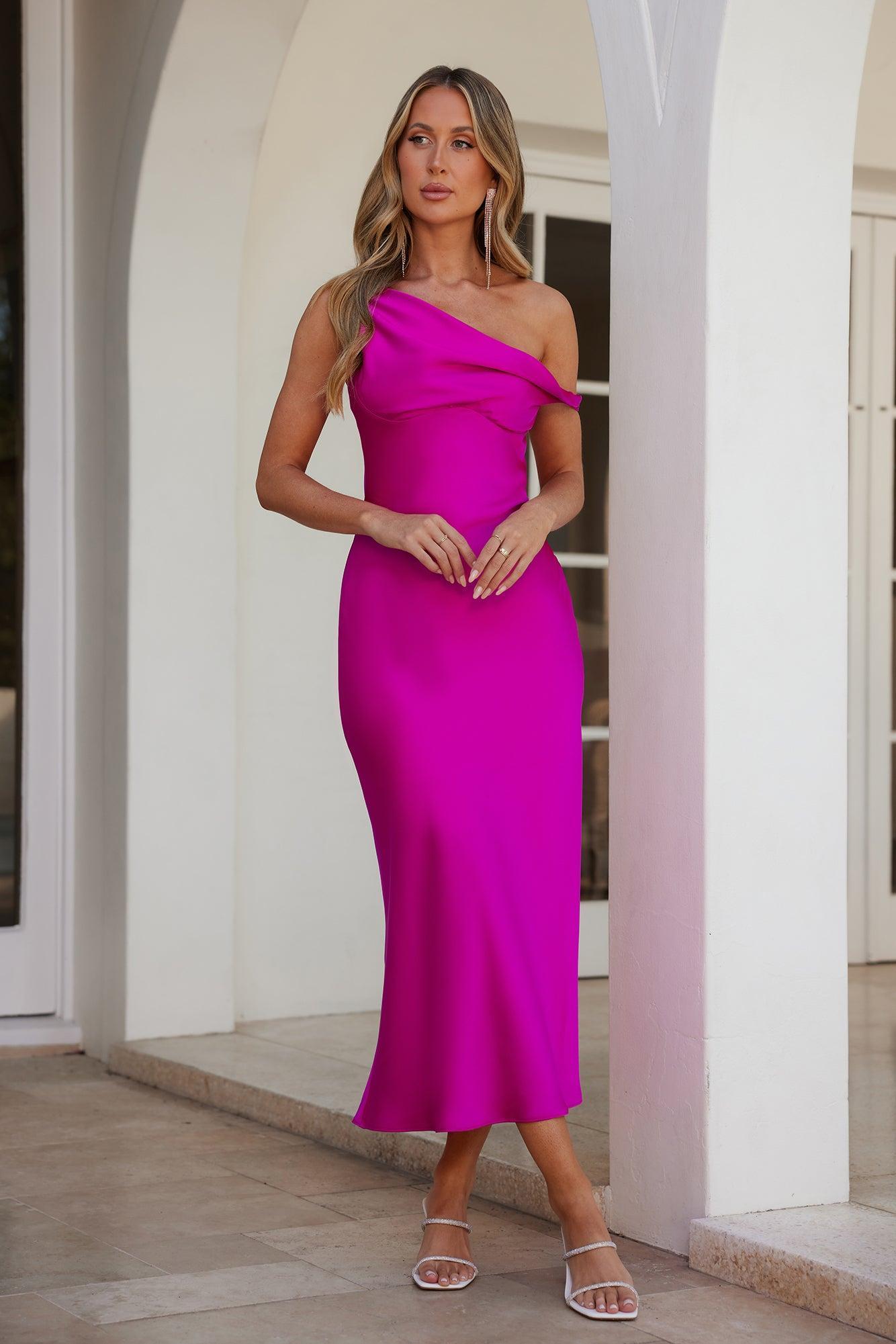 Stylish Season Off Shoulder Satin Midi Dress Fuchsia Product Image