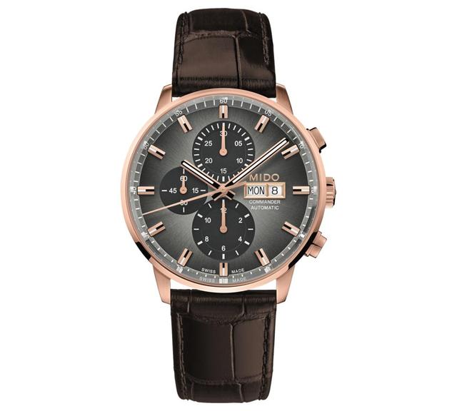 Mido Mens Swiss Automatic Chronograph Commander Brown Leather Strap Watch 43mm - Gray Product Image