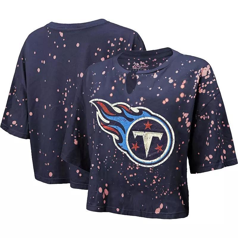 Womens Majestic Threads Tennessee Titans Bleach Splatter Notch Neck Crop T-Shirt Blue Product Image