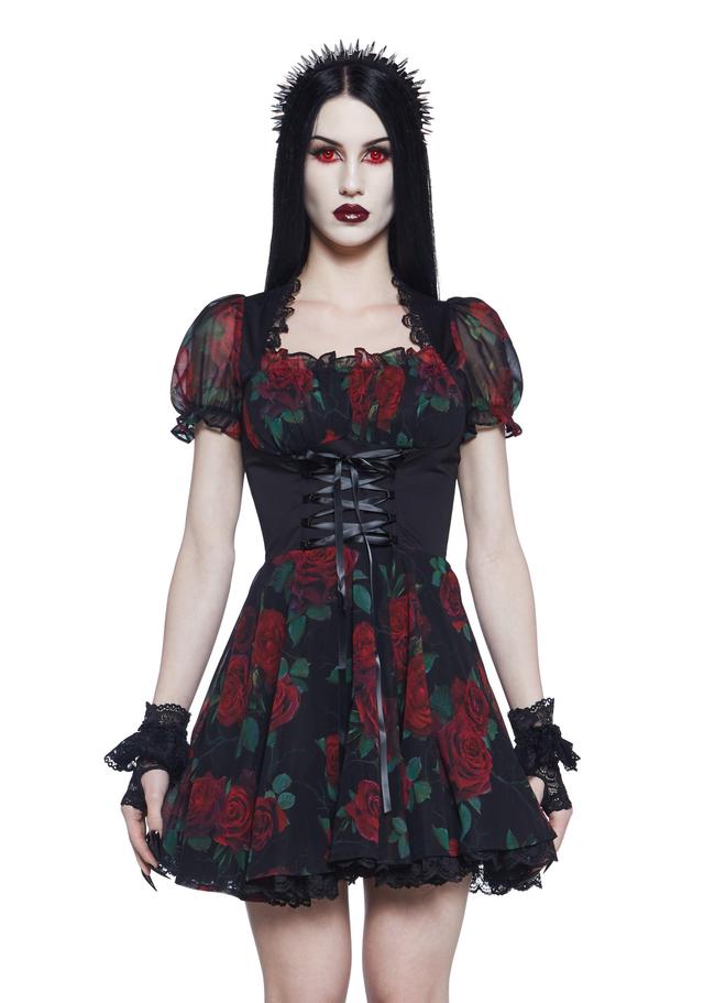 Widow Vampire Goth Rose Print Ruched Underbust Bustier Corset Dress - Multi Product Image