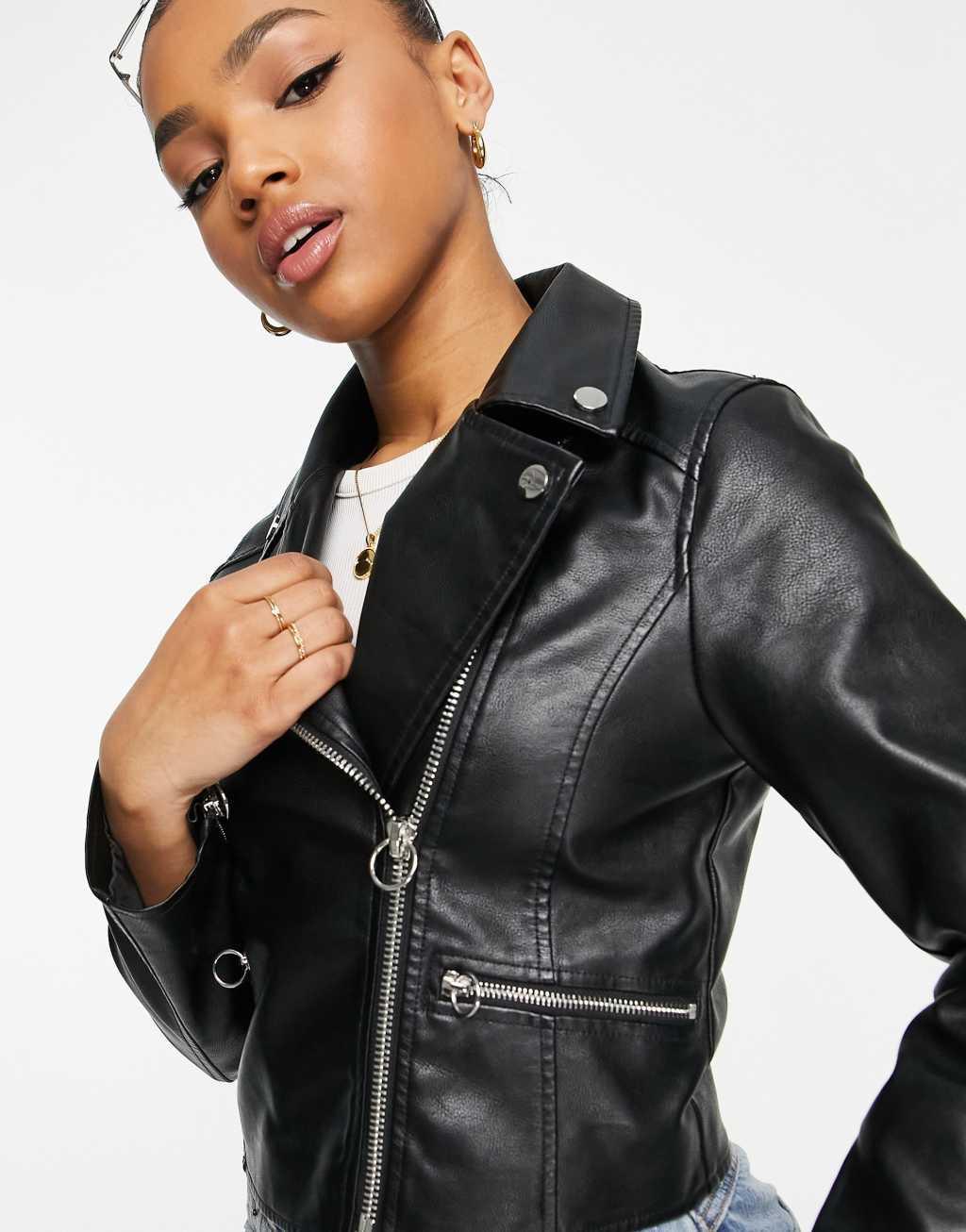 Miss Selfridge faux leather biker jacket in black  Product Image