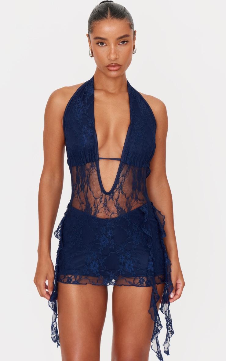 Navy Lace Drape Detail Skort Romper Product Image