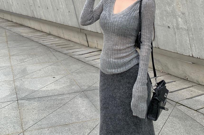 Long-Sleeve V-Neck Plain Sheer Slim Fit Knit Top / High Rise Maxi Mermaid Skirt Product Image