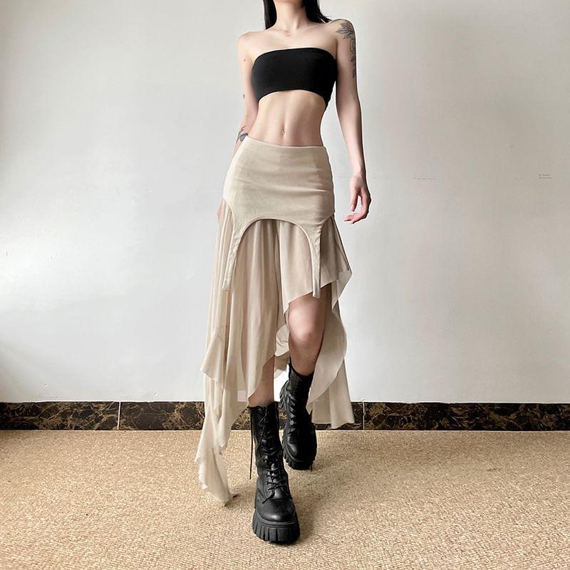 Mid Rise Plain Asymmetrical Panel Mesh A-Line Skirt Product Image