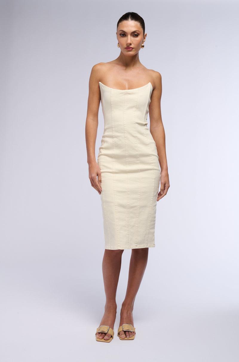 LIZA DENIM MIDI DRESS IN WHITE Product Image