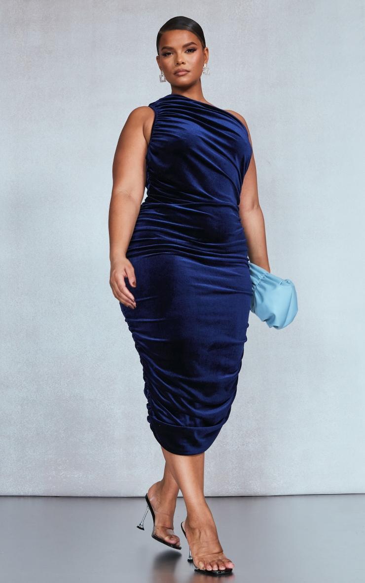 Plus Navy Velvet Ruched One Shoulder Midi Dress Product Image