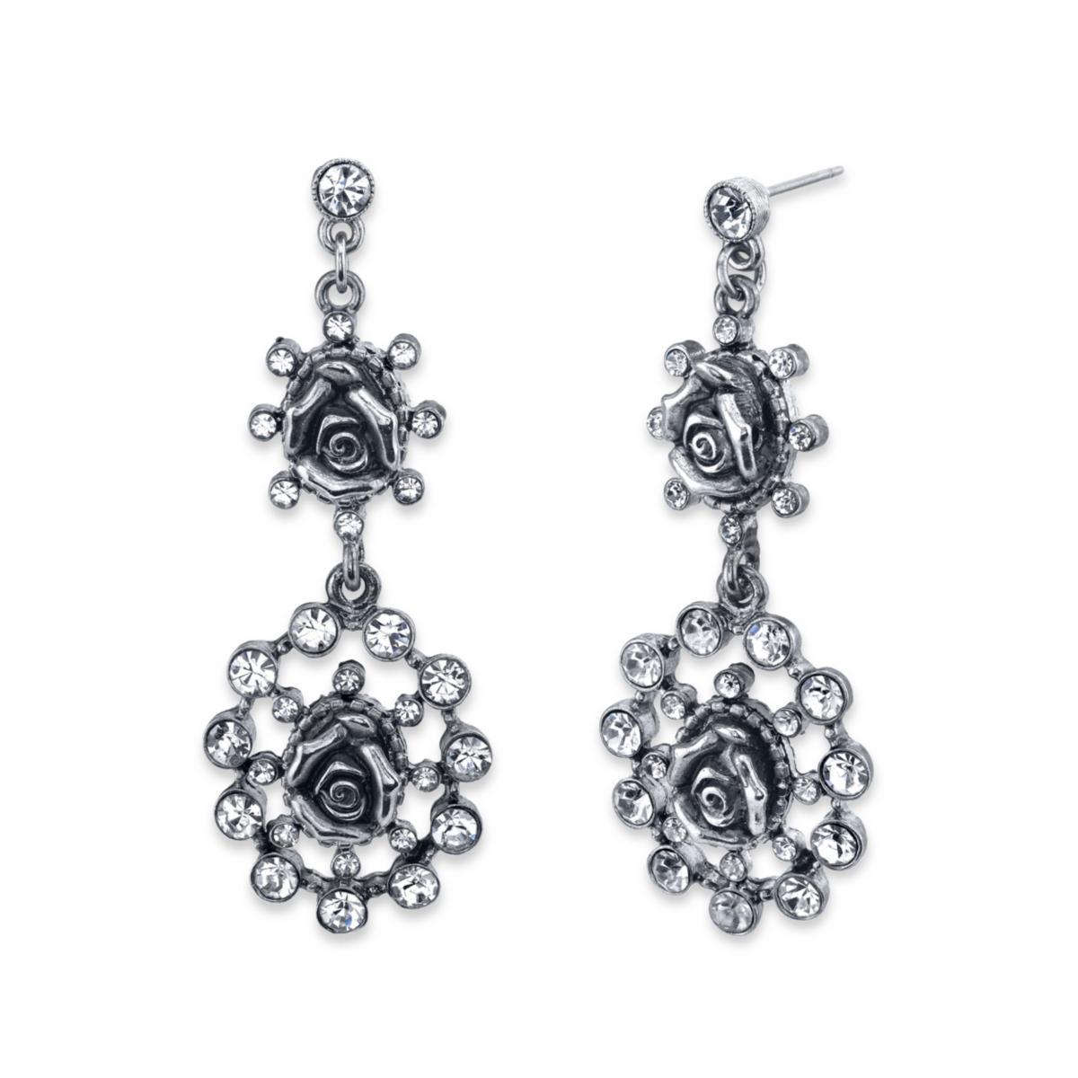 1928 Simulated Crystal & Rose Drop Earrings, Womens, White Product Image