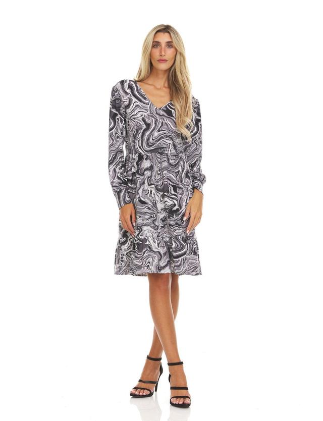 Long Sleeve Printed Swirl Black and Grey V-Neck Multi Tiered Midi Dress Product Image