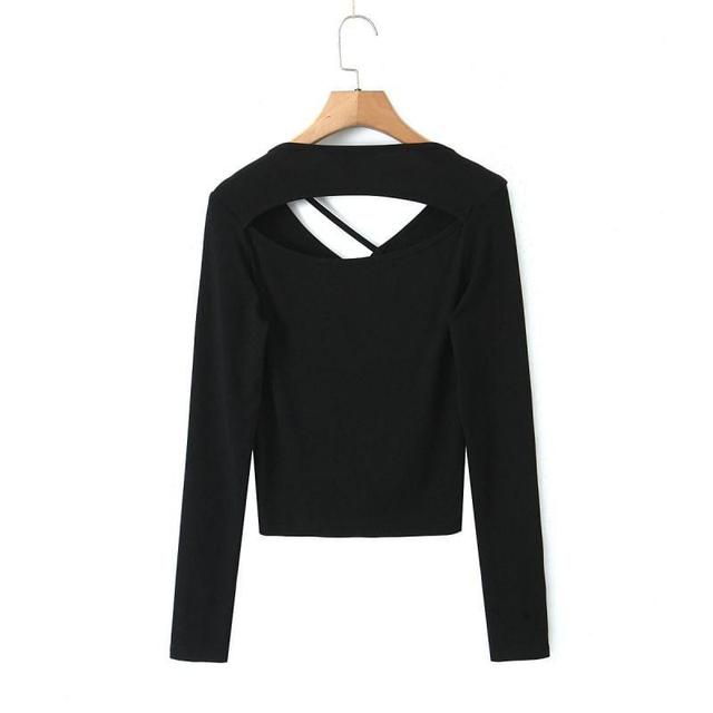 Long-Sleeve V-Neck Plain Cutout Slim Fit Crop T-Shirt Product Image