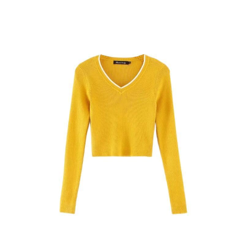 V-Neck Contrast Trim Crop Sweater Product Image