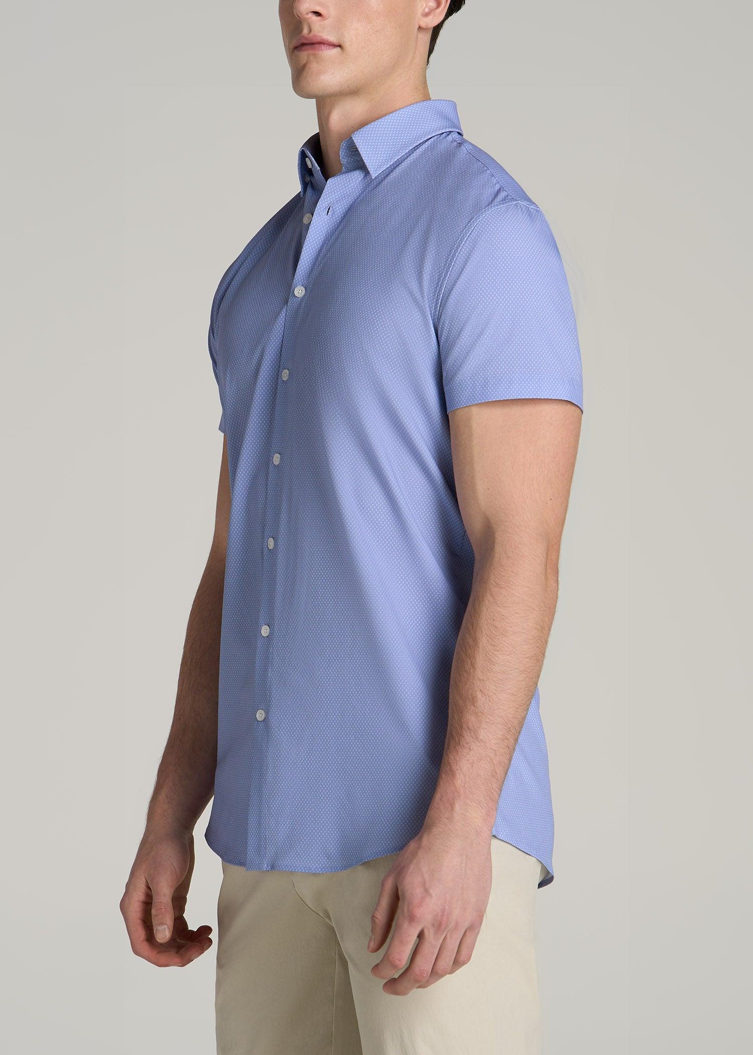 Short Sleeve Traveler Stretch Button Shirt for Tall Men in Blue Diamond Print Product Image